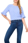 Cece Floral Embroidered Ruffle Cuff Top In Blue