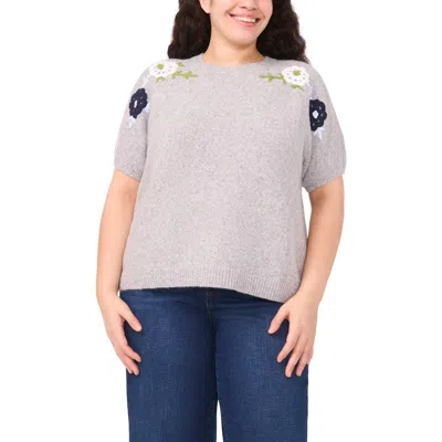Cece Floral Embroidered Short Sleeve Sweater In Gray