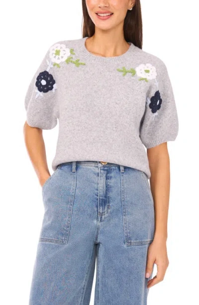 Cece Floral Embroidered Short Sleeve Sweater In Gray