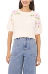 Cece Floral Embroidered Short Sleeve Sweater In Pink