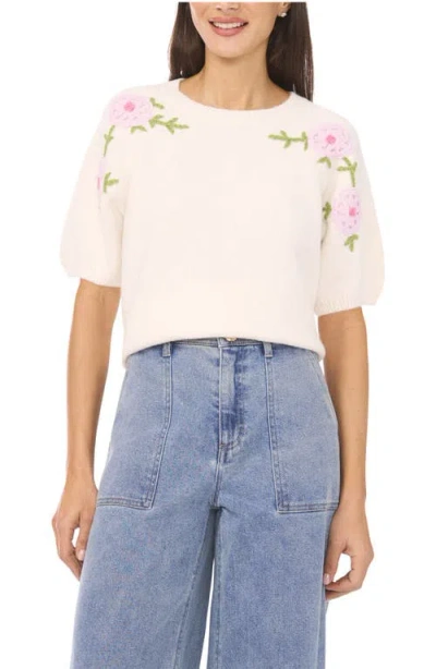 Cece Floral Embroidered Short Sleeve Sweater In Pink