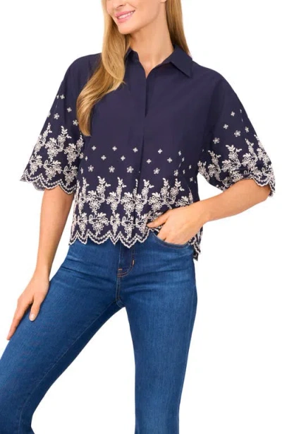 Cece Floral Embroidery Woven Cotton Shirt In Purple
