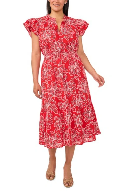Cece Floral Eyelet Lace Midi Dress In Red