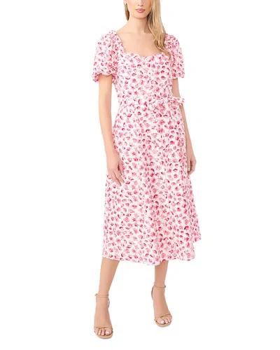Cece Floral Eyelet Puff Sleeve Midi Dress In Pink