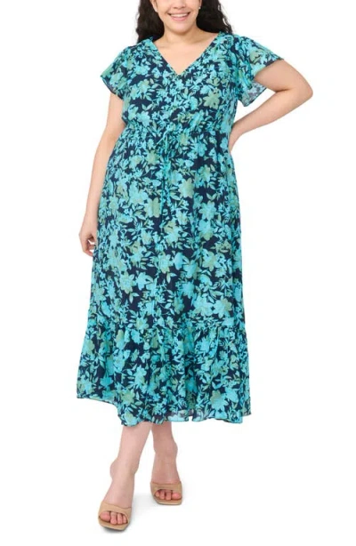 Cece Floral Flutter Sleeve Dress In Blue