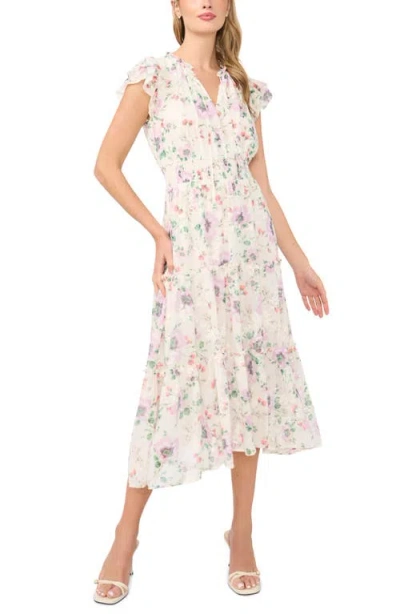 Cece Floral Flutter Sleeve Midi Dress In Multi