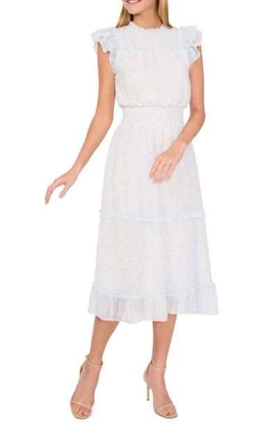 Cece Floral Flutter Sleeve Midi Dress In New Ivory