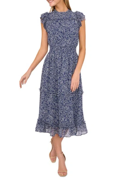 Cece Floral Flutter Sleeve Midi Dress In Ocean Blue