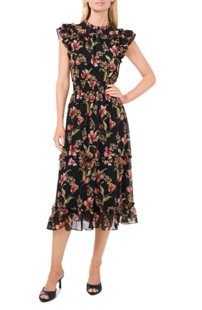 Cece Floral Flutter Sleeve Midi Dress In Rich Black