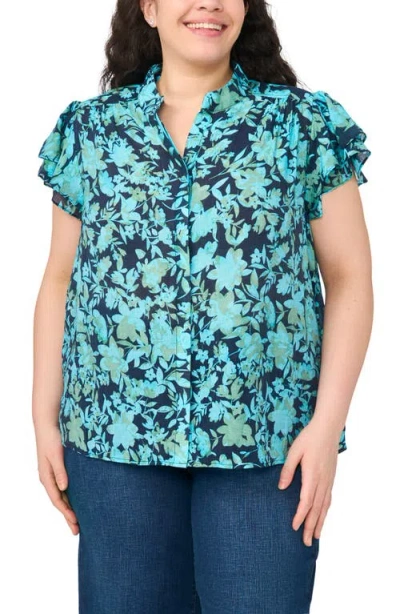 Cece Floral Flutter Sleeve Placket Button-up Shirt In Blue