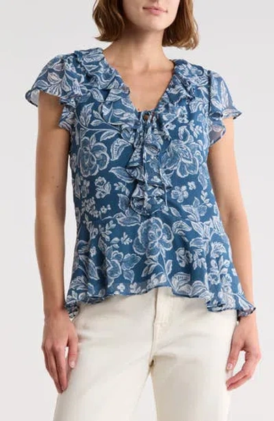 Cece Floral Flutter Sleeve Ruffle Peplum Top In Blue