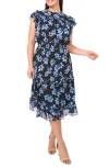 Cece Floral Flutter Sleeve Smock Waist Midi Dress In Blue