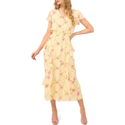 Cece Floral Flutter Sleeve Smock Waist Midi Dress In Lemon Drop