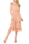 Cece Floral Flutter Sleeve Smocked Midi Dress In Mint Lime