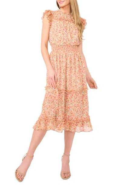Cece Floral Flutter Sleeve Smocked Midi Dress In Mint Lime
