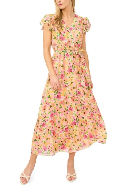 Cece Floral Flutter Sleeve Tie Belt Maxi Dress In Multi