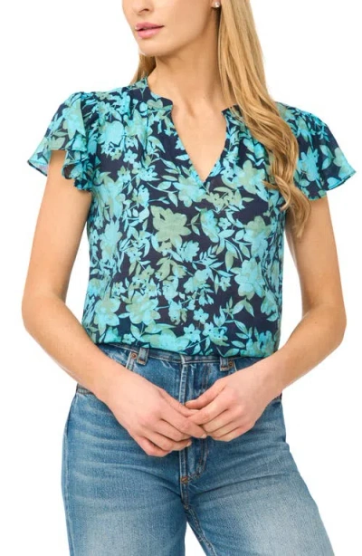 Cece Floral Flutter Sleeve Top In Blue