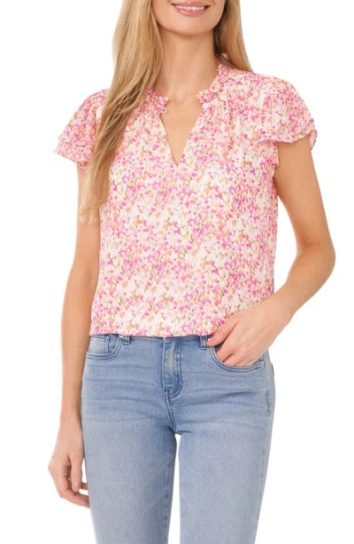 Cece Floral Flutter Sleeve Top In Peach Coral