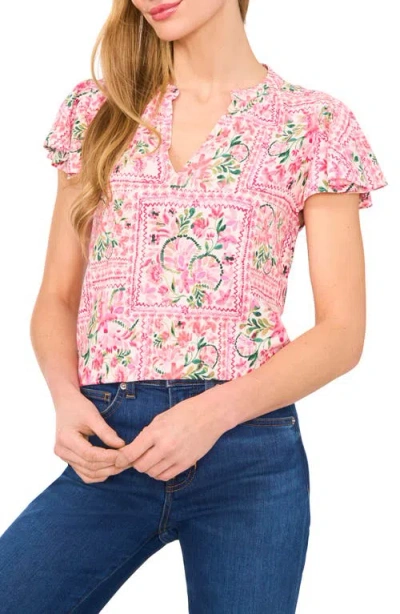 Cece Floral Flutter Sleeve V-neck Challis Top In White