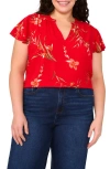 Cece Floral Flutter Sleeve V-neck Challis Top