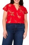 Cece Floral Flutter Sleeve V-neck Challis Top In Red
