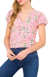 Cece Floral Flutter Sleeve V-neck Challis Top In White