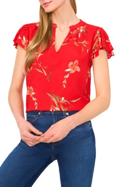 Cece V-neck Shirred Flutter Sleeve Blouse In Red