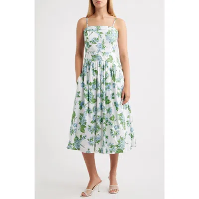 Cece Floral Fold Over Neck Drop Waist Cotton Midi Sundress In Green