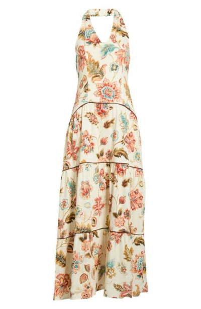 Cece Floral Halter Neck Tiered Drop Waist Maxi Dress In Multi