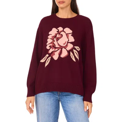 Cece Floral Jacqard Sweater In Burgundy