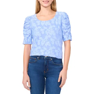 Cece Floral Jacquard Ruched Sleeve Top In Vista Blue