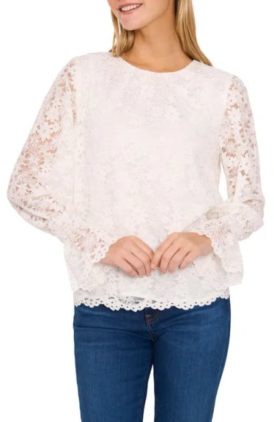 Cece Floral Lace Long Sleeve Ruffle Cuff Top In New Ivory