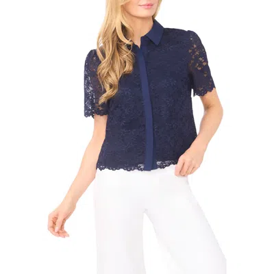 Cece Floral Lace Short Sleeve Button-up Shirt In Blue
