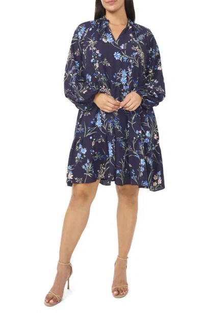 Cece Floral Long Sleeve Babydoll Dress In Blue