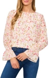 Cece Floral Long Sleeve Ruffle Cuff Georgette Top In New Ivory