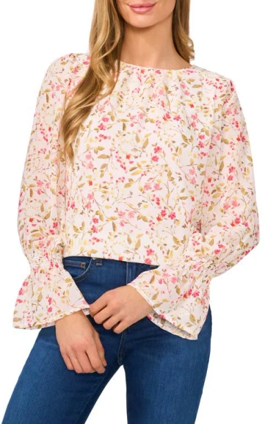 Cece Floral Long Sleeve Ruffle Cuff Georgette Top In New Ivory