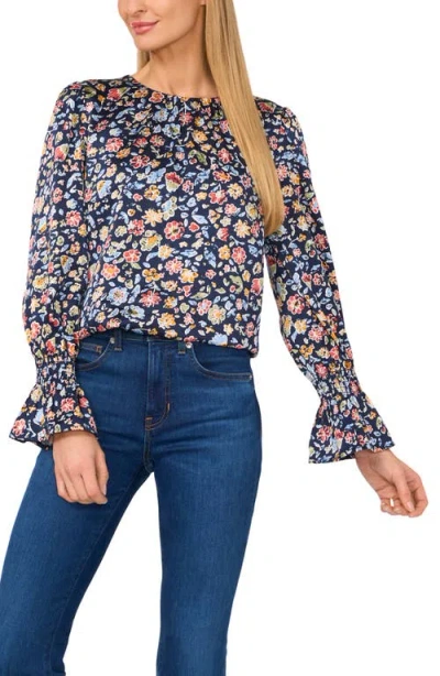Cece Floral Long Sleeve Satin Charmeuse Top In Multi