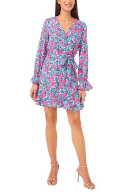 Cece Floral Long Sleeve Shirtdress In Pink
