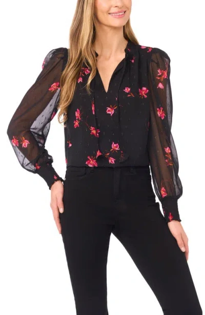 Cece Floral Metallic Split Neck Top In Black