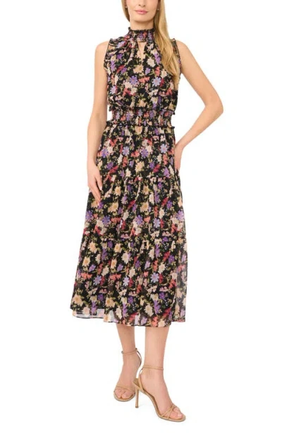 Cece Floral Mock Neck Midi Dress In Black
