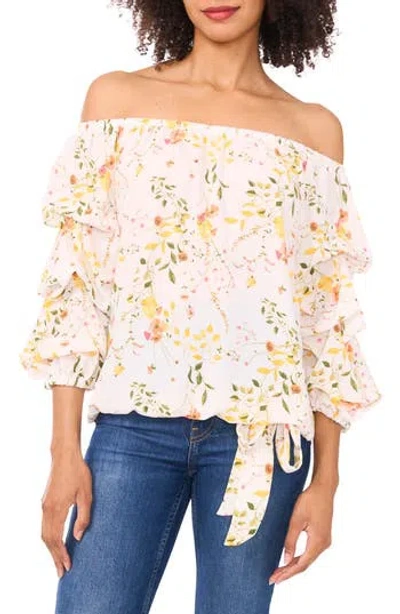 Cece Floral Off The Shoulder Balloon Sleeve Top In Pink