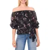 Cece Floral Off The Shoulder Lantern Sleeve Top In Black