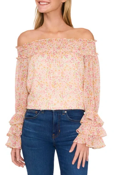Cece Floral Off The Shoulder Ruffle Top In Pink