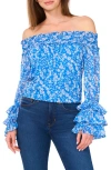 Cece Floral Off The Shoulder Ruffle Top In Blue Breezyday