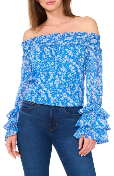 Cece Floral Off The Shoulder Ruffle Top In Blue Breezyday