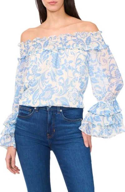 Cece Floral Off The Shoulder Ruffle Top In Blue Spritz