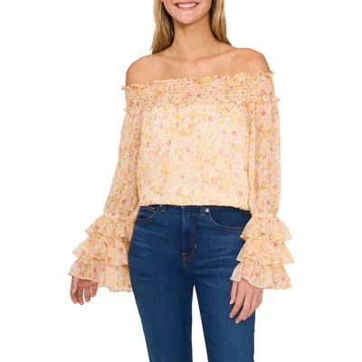Cece Floral Off The Shoulder Ruffle Top In New Ivory