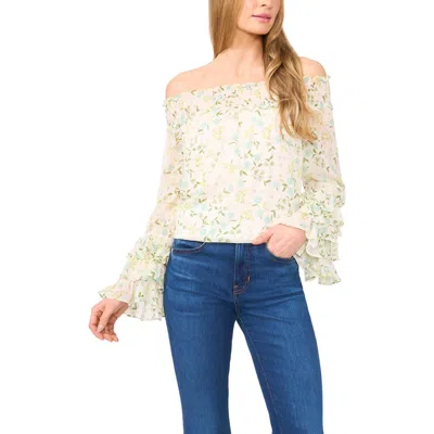 Cece Floral Off The Shoulder Ruffle Top In New Ivory