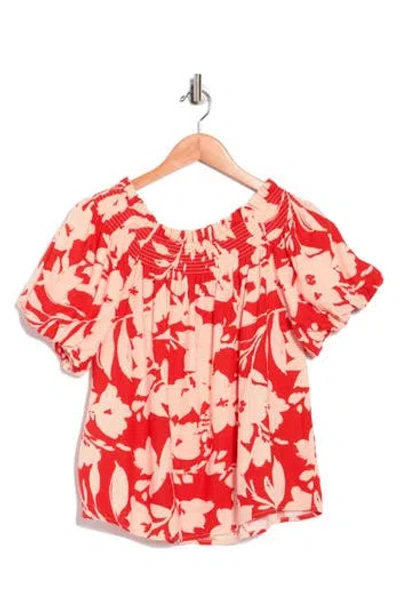 Cece Floral Off-the-shoulder Puff Sleeve Top In Red