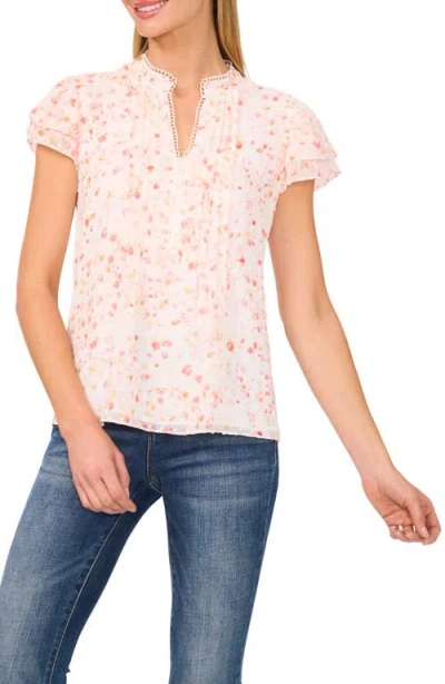 Cece Floral Pintuck Ruffle Short Sleeve Top In New Ivory
